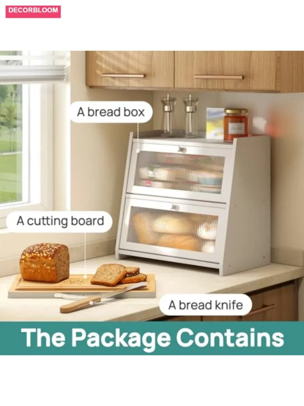 White Bread Box with Cutting Board, Bamboo 2-Tier Storage
